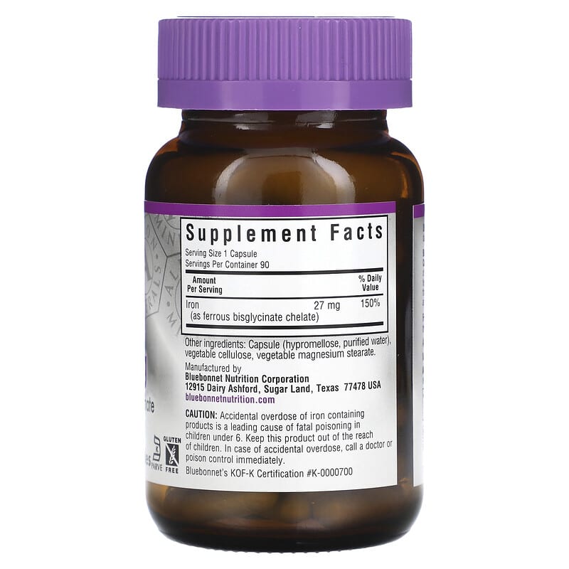 Bluebonnet Nutrition, Extra Strength Chelated Iron, 27 mg, 90 Vegetable Capsules 743715006706