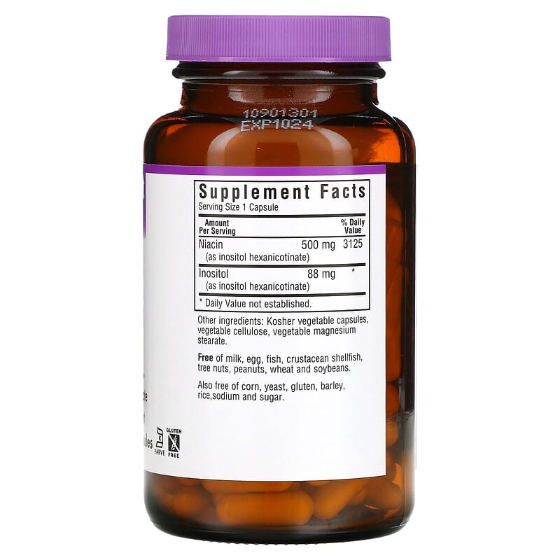 Bluebonnet Nutrition, Flush-Free Niacin, 500 mg, 120 Vegetable Capsules 743715004641
