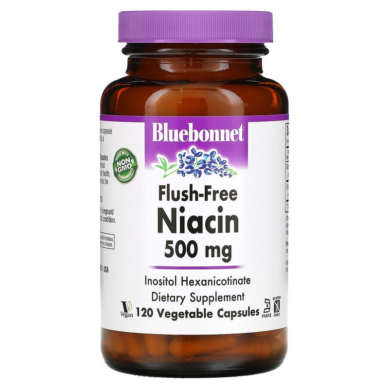 Bluebonnet Nutrition Flush-Free Niacin 500 mg 120 Vegetable Capsules 743715004641
