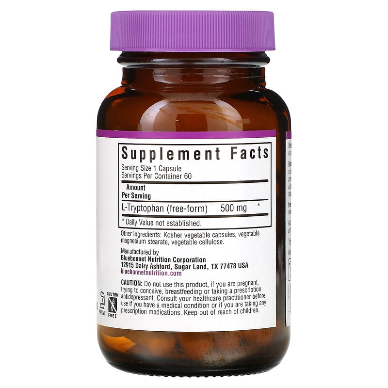 Bluebonnet Nutrition, L-Tryptophan, 500 mg, 60 Vegetable Capsules 743715000940