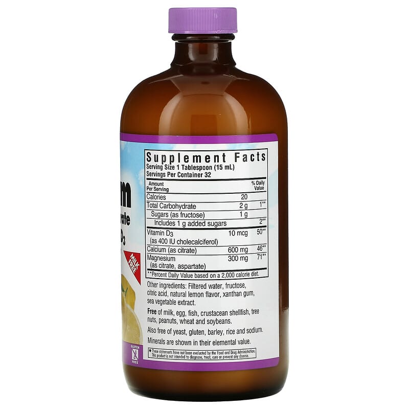 Bluebonnet Nutrition, Liquid Calcium, Magnesium Citrate Plus Vitamin D3, Natural Lemon, 16 fl oz (472 ml) 743715006881