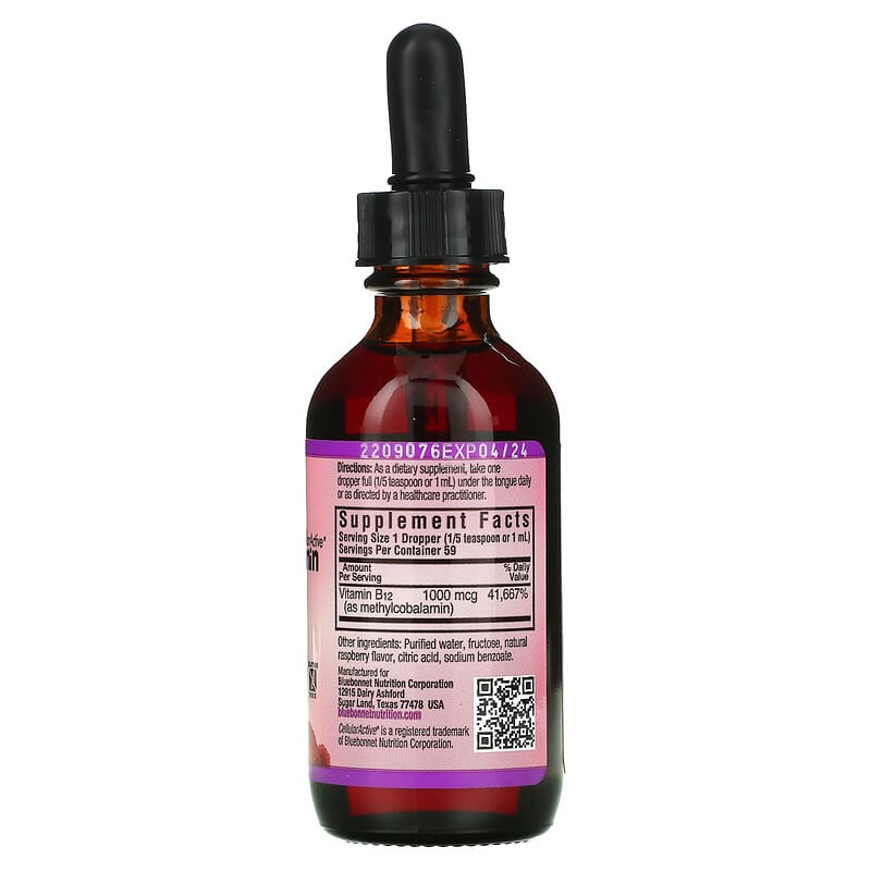 Bluebonnet Nutrition, Liquid CelluarActive Methylcobalamin Vitamin B12, Raspberry, 1,000 mcg, 2 fl oz (59 ml) 743715004399