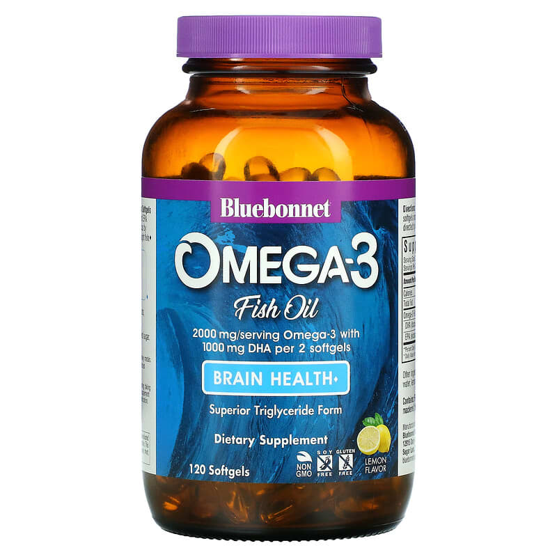 Bluebonnet Nutrition, Omega-3 Fish Oil, Brain Health, Lemon, 120 Softgels 743715009455