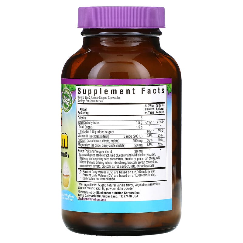 Bluebonnet Nutrition, Rainforest Animalz, Calcium Magnesium & Vitamin D3, Natural Vanilla Frosting, 90 Chewables 743715001961