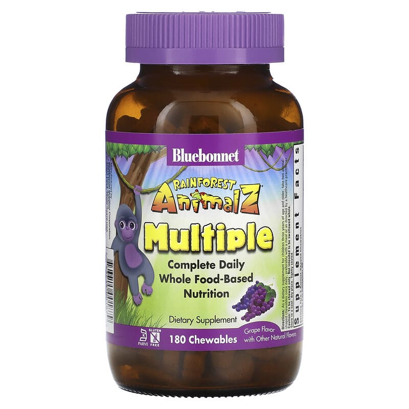 Bluebonnet Nutrition Rainforest Animalz Multiple Complete Daily Whole Food Based Nutrition Grape 180 Chewables 743715001879