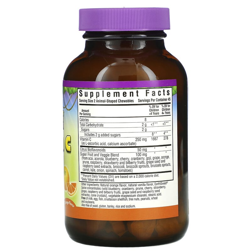 Bluebonnet Nutrition, Super Earth, Rainforest Animalz, Vitamin C, Natural Orange Flavor, 90 Animal-Shaped Chewables 743715001923