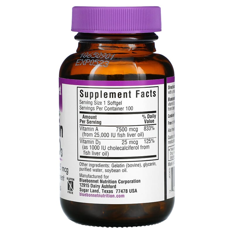 Bluebonnet Nutrition, Vitamin A & D3, 100 Softgels 743715003033