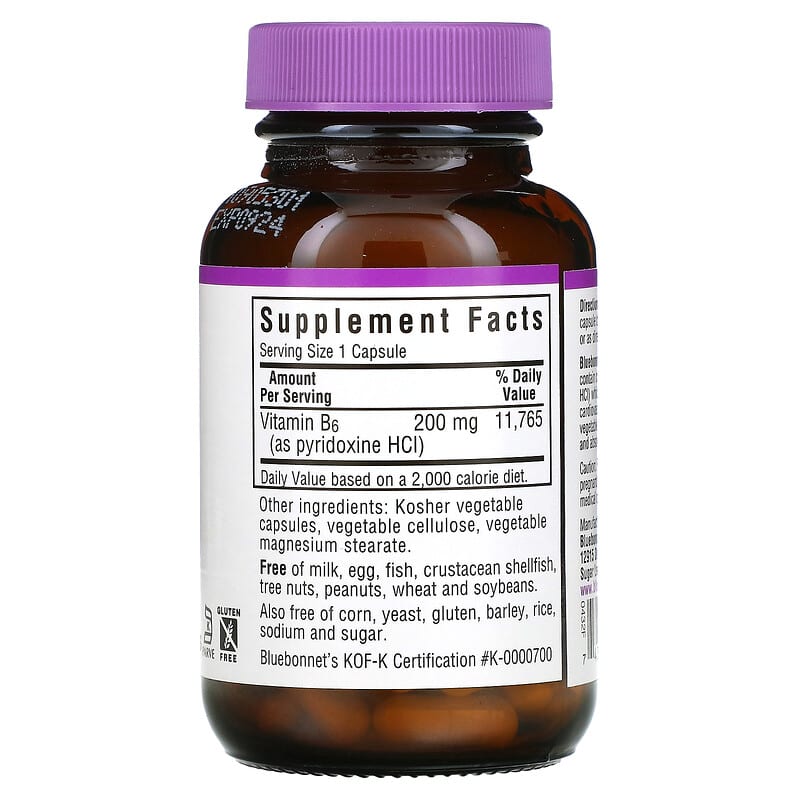 Bluebonnet Nutrition, Vitamin B6, 200 mg, 90 Vegetable Capsules 743715004320
