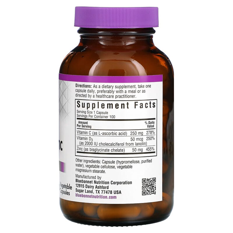 Bluebonnet Nutrition, Vitamin C, D3 & Zinc, 100 Vegetable Capsules 743715005570