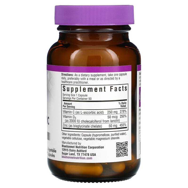 Bluebonnet Nutrition, Vitamin C, D3 & Zinc, 50 Vegetable Capsules 743715005556