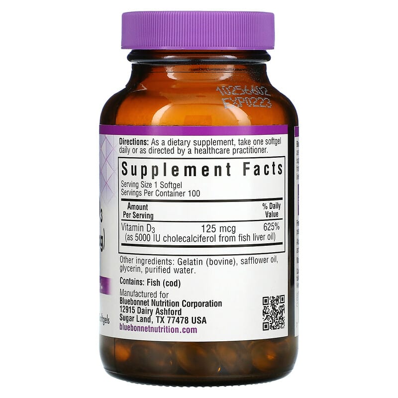 Bluebonnet Nutrition, Vitamin D3, 125 mcg (5,000 IU), 100 Softgels 743715003217