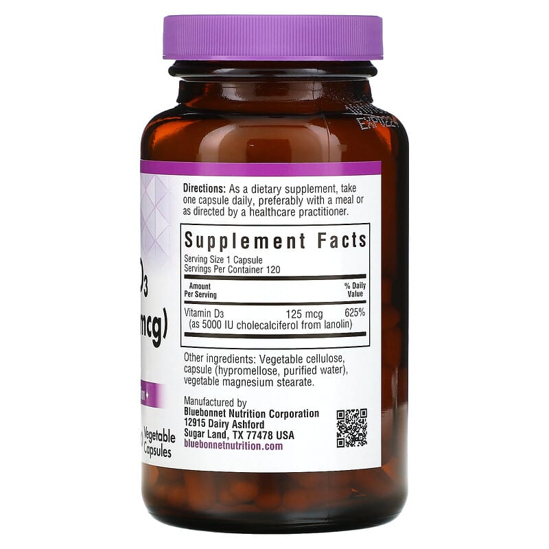 Bluebonnet Nutrition, Vitamin D3, 125 mcg (5,000 IU), 120 Vegetable Capsule 743715003699