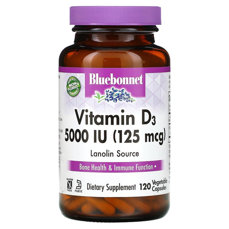 Bluebonnet Nutrition Vitamin D3 125 mcg (5,000 IU) 120 Vegetable Capsule 743715003699