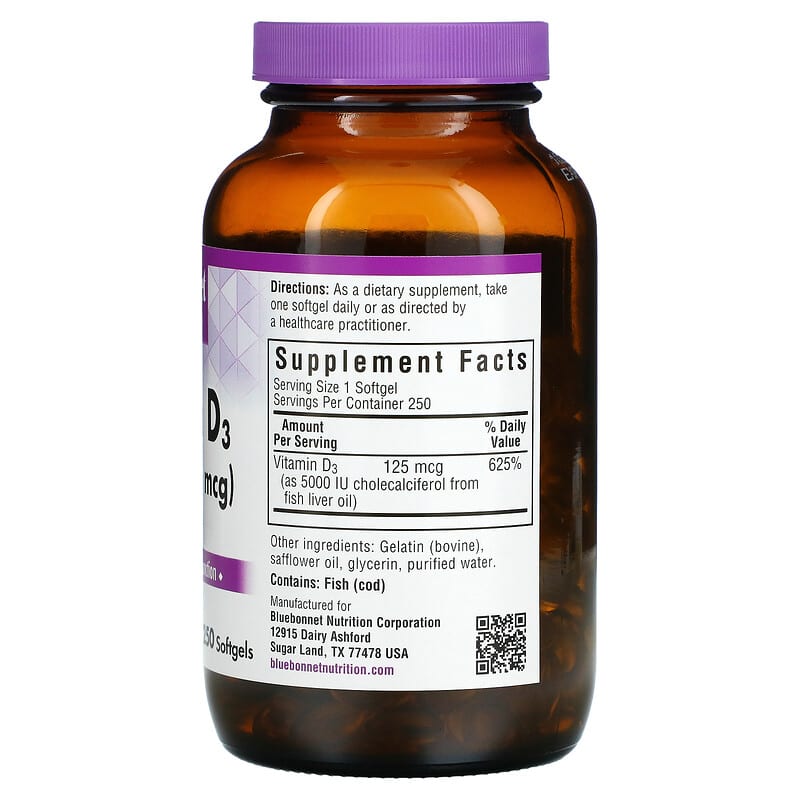 Bluebonnet Nutrition, Vitamin D3, 125 mcg (5000 IU), 250 Softgels 743715003231