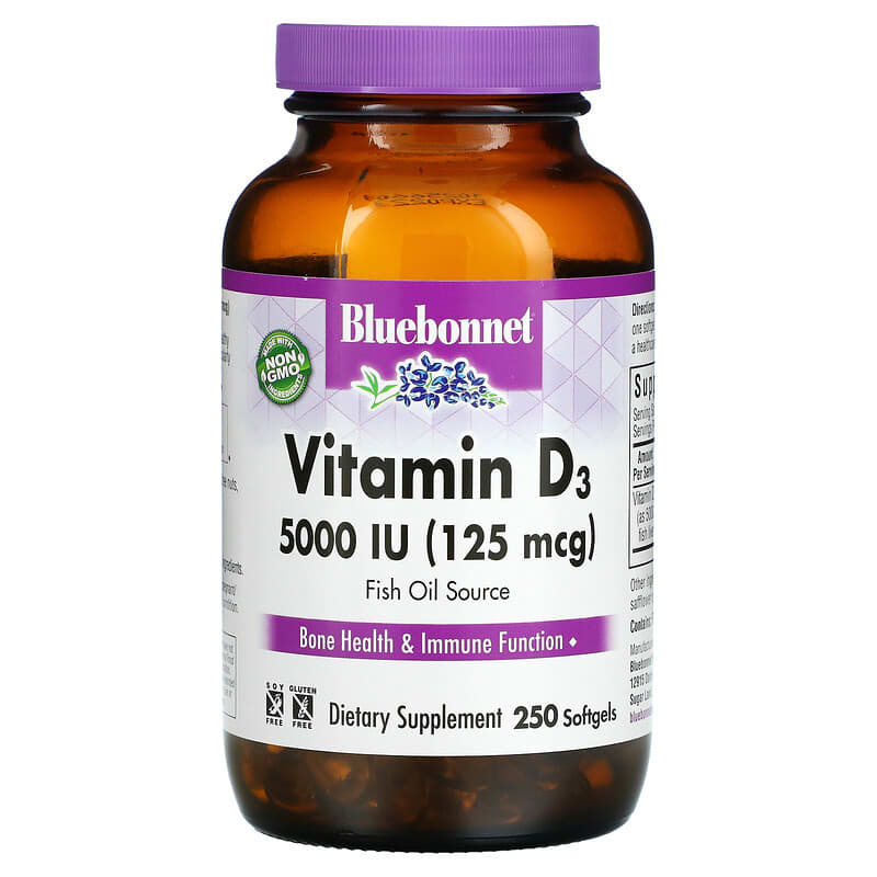 Bluebonnet Nutrition Vitamin D3 125 mcg (5000 IU) 250 Softgels 743715003231