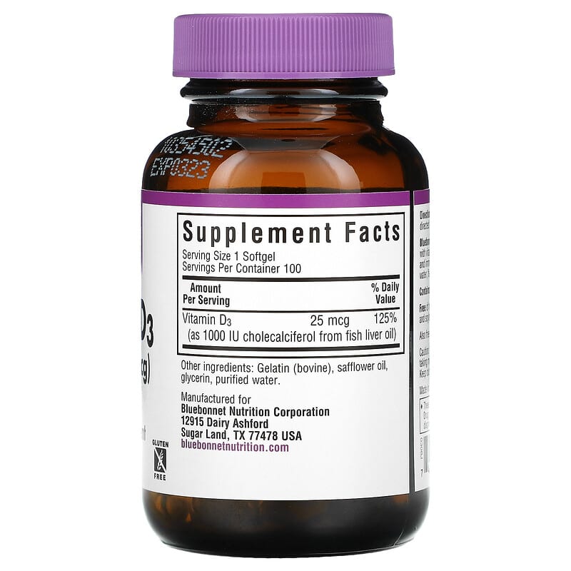Bluebonnet Nutrition, Vitamin D3, 25 mcg (1,000 IU), 100 Softgels 743715003088