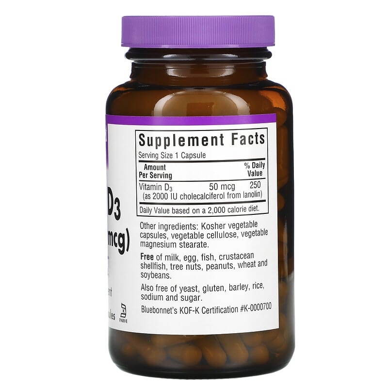 Bluebonnet Nutrition, Vitamin D3, 50 mcg (2,000 IU), 180 Vegetable Capsules 743715003156