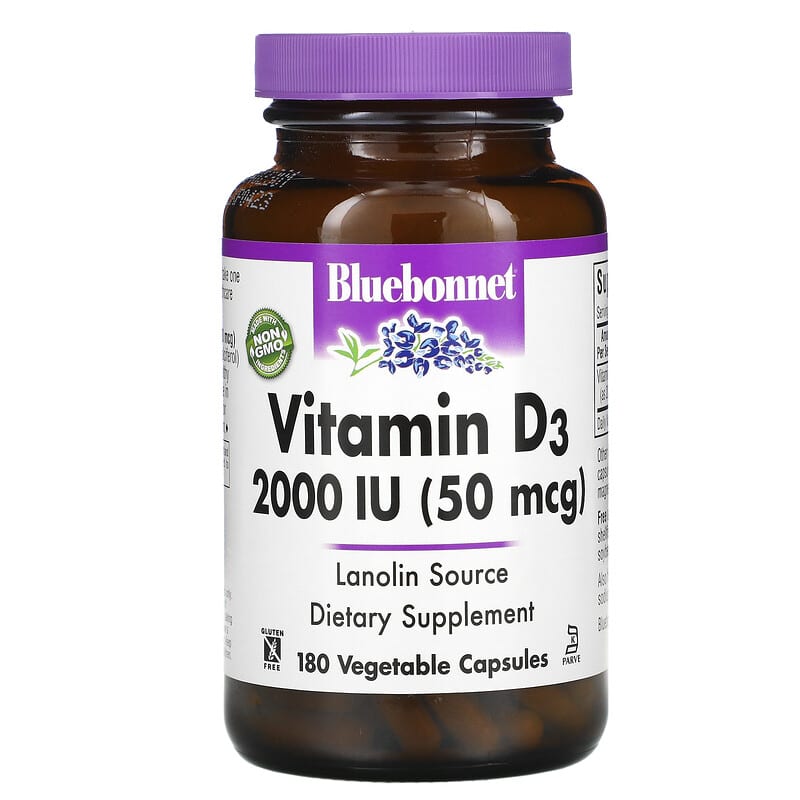 Bluebonnet Nutrition Vitamin D3 50 mcg (2,000 IU) 180 Vegetable Capsules 743715003156