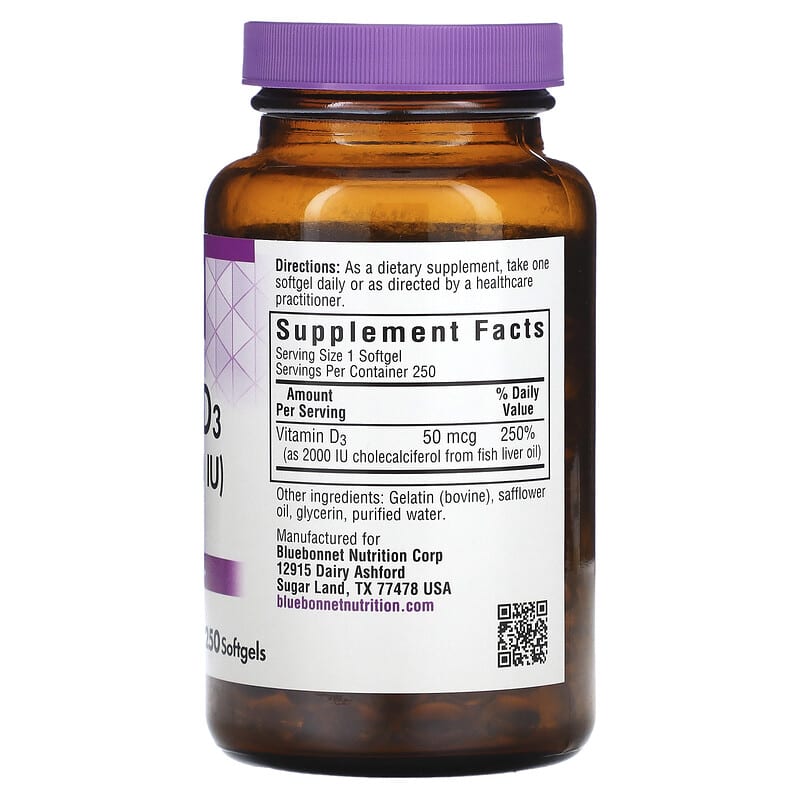 Bluebonnet Nutrition, Vitamin D3, 50 mcg, (2,000 IU), 250 Softgels 743715003194