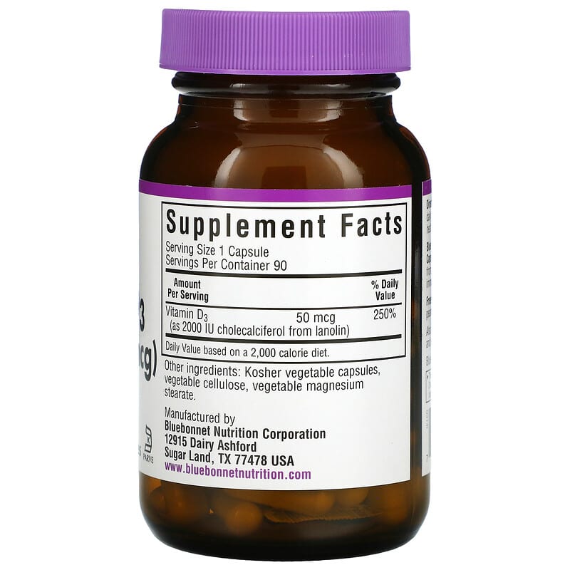 Bluebonnet Nutrition, Vitamin D3, 50 mcg (2,000 IU), 90 Vegetable Capsules 743715003149