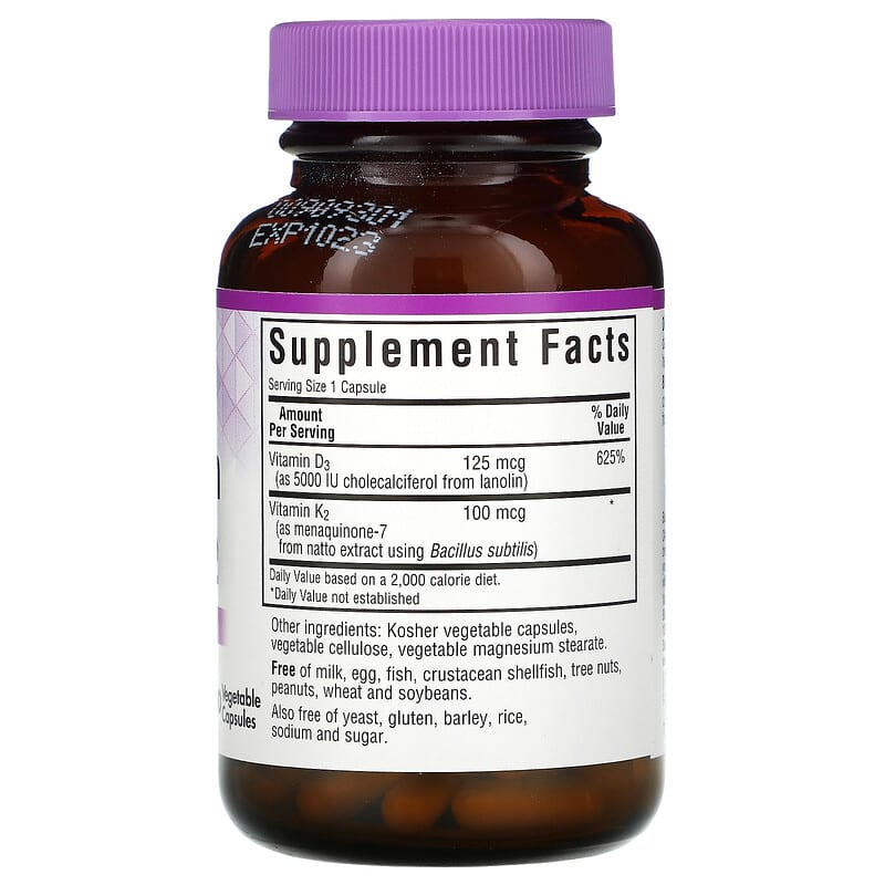 Bluebonnet Nutrition, Vitamin D3 & K2, 60 Vegetable Capsules 743715006546