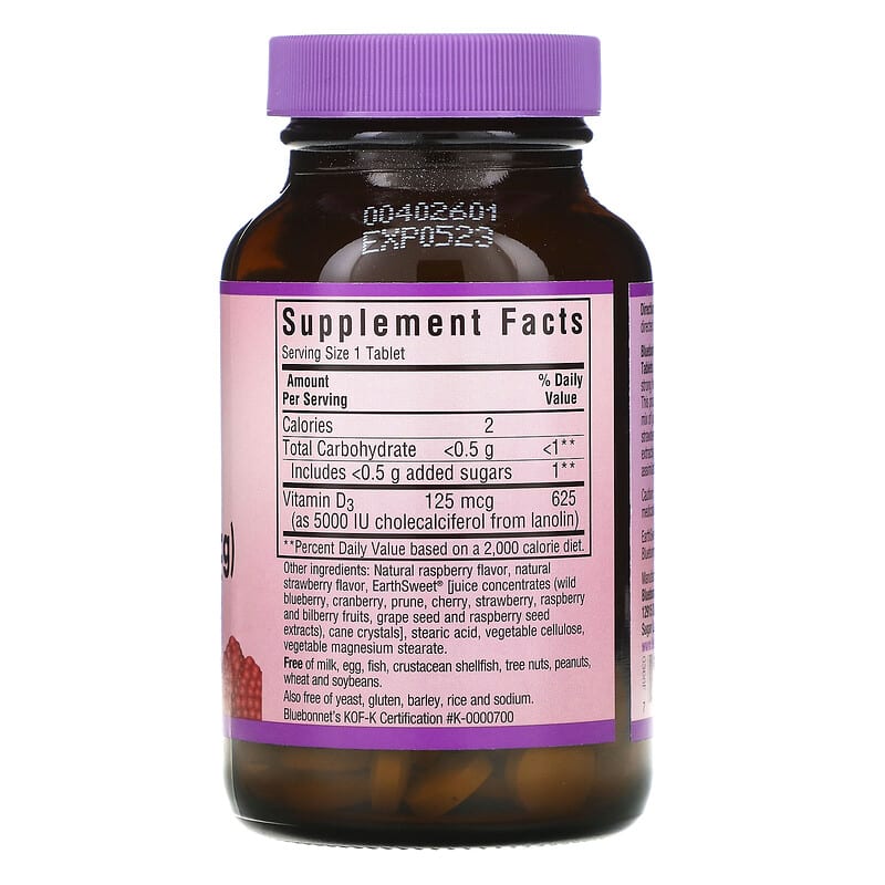 Bluebonnet Nutrition, Vitamin D3, Raspberry, 5,000 IU (125 mcg), 90 Chewable Tablets 743715003668