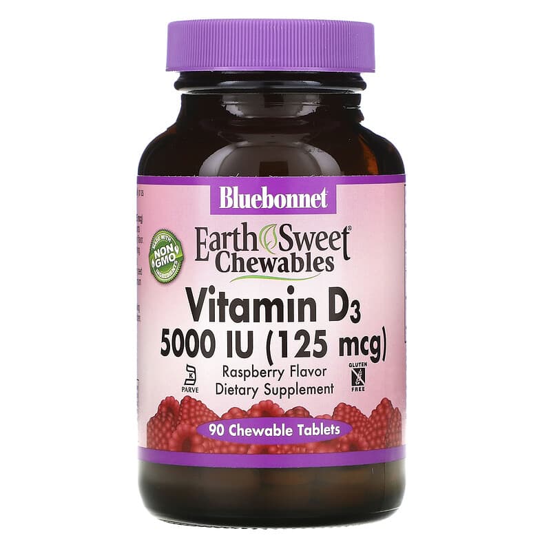 Bluebonnet Nutrition Vitamin D3 Raspberry 5,000 IU (125 mcg) 90 Chewable Tablets 743715003668