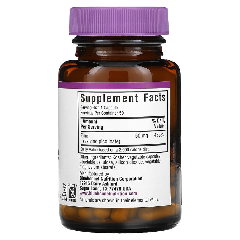 Bluebonnet Nutrition, Zinc Picolinate, 50 mg, 50 Vegetable Capsules 743715007383