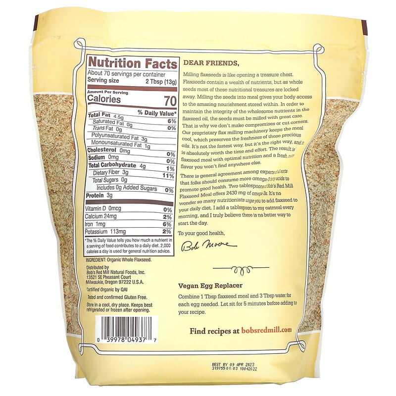 Bob's Red Mill, Organic Flaxseed Meal, Whole Ground, 32 oz (907 g) 39978049377