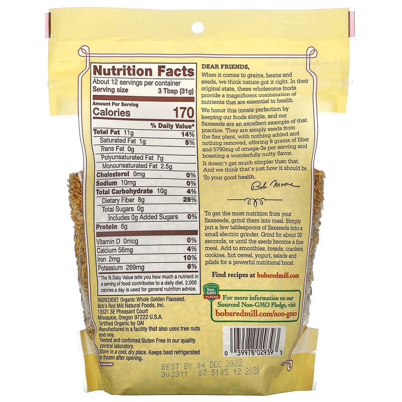 Bob's Red Mill, Organic Whole Golden Flaxseed, 13 oz (368 g) 39978029393