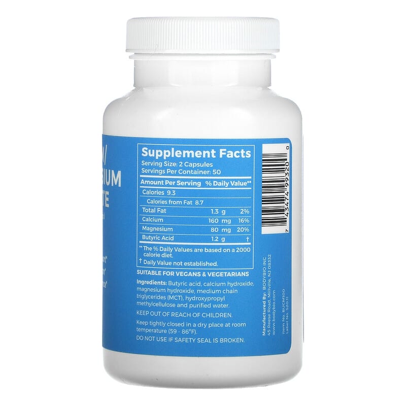 BodyBio, Calcium/ Magnesium Butyrate, 100 Non-GMO Capsules 743474993200