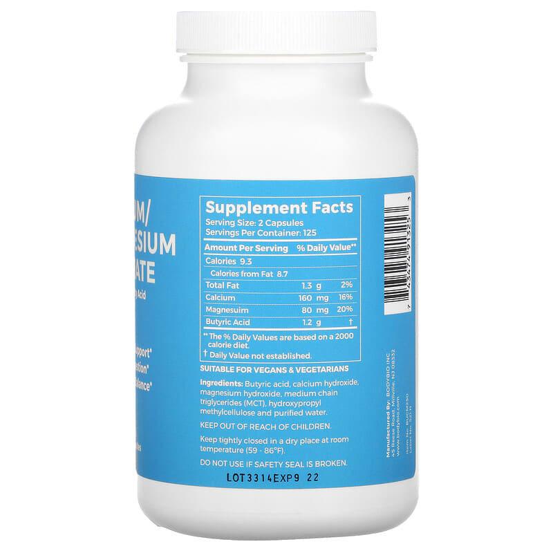 BodyBio, Calcium/ Magnesium Butyrate, 250 Non-GMO Capsules 743474913253