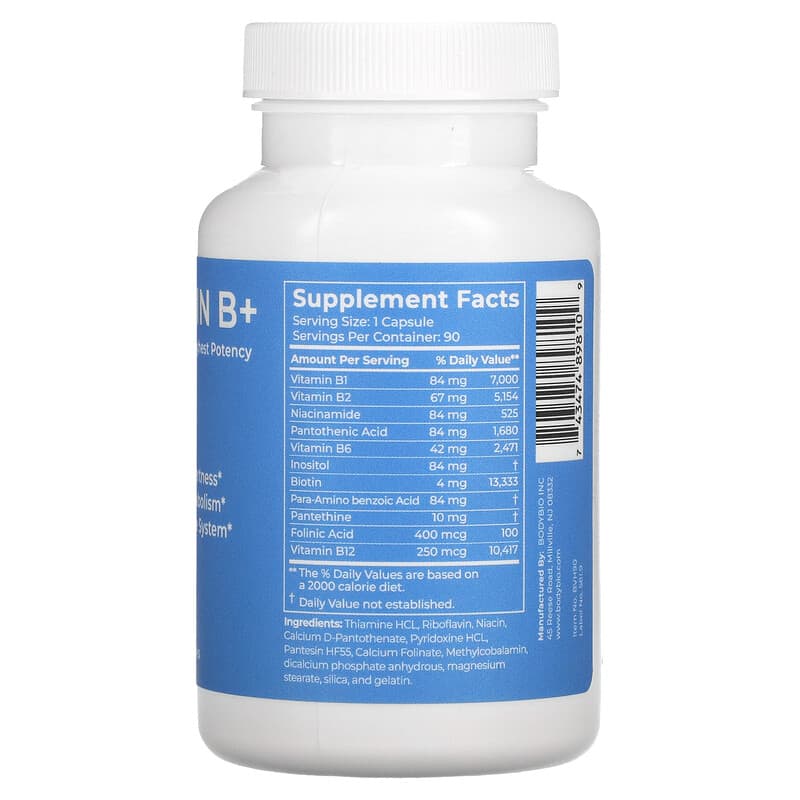 BodyBio, Vitamin B+, 90 Non-GMO Capsules 743474898109