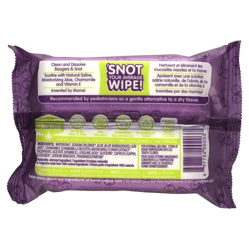 Boogie Wipes, Gentle Saline Nose Wipes, Grape Scent, 30 Wipes 897752002037