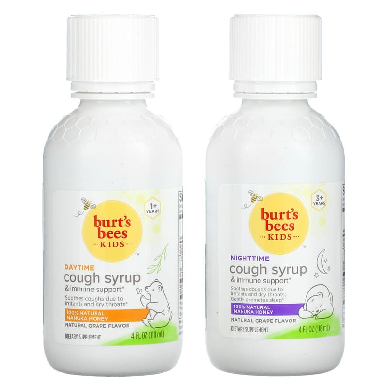 Burt's Bees, Kids, Daytime/Nighttime Cough Syrup & Immune Support, Combo Pack, Natural Grape, 2 Pack, 4 fl oz (118 ml) Each 70030165499