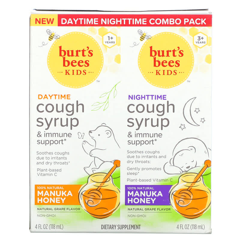 Burt's Bees Kids Daytime/Nighttime Cough Syrup & Immune Support Combo Pack Natural Grape 2 Pack 4 fl oz (118 ml) Each 70030165499