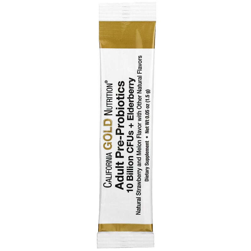 California Gold Nutrition, Adult Pre-Probiotics, 10 Billion CFU + Elderberry, Natural Strawberry & Melon Flavor, 30 Packets, 0.05 oz (1.5 g) Each 898220018543