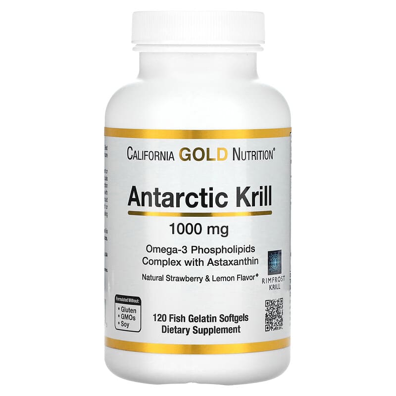 California Gold Nutrition Antarctic Krill Oil Omega-3 Phospholipids Complex with Astaxanthin Natural Strawberry and Lemon Flavor 1,000 mg 120 Softgels 898220011025