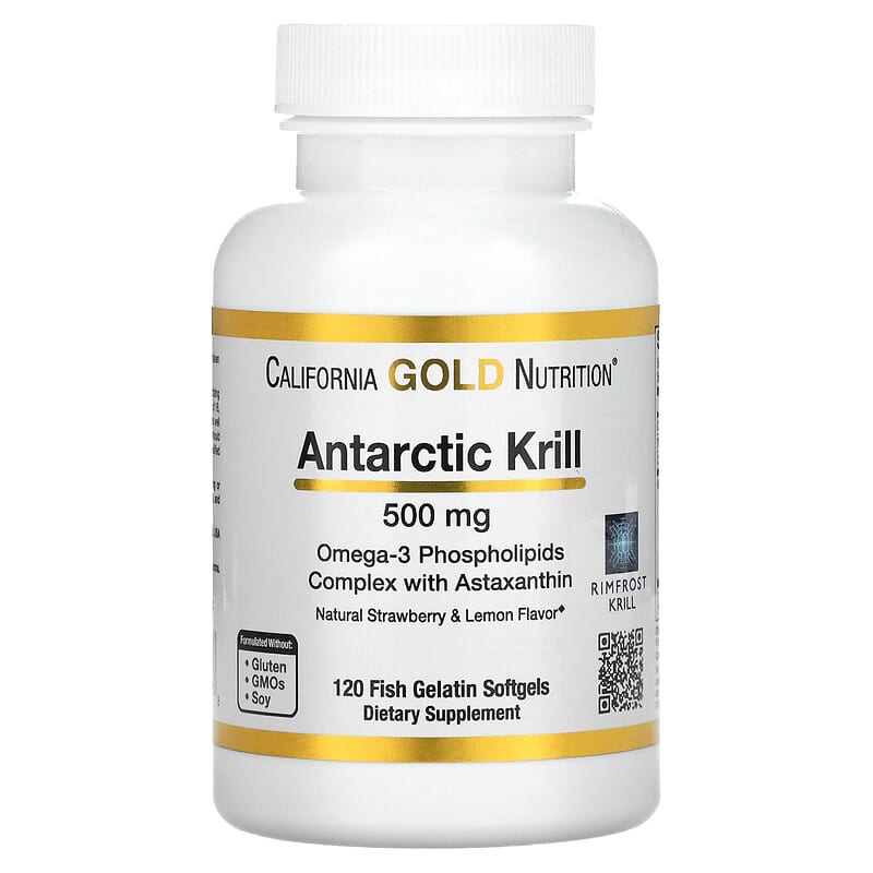 California Gold Nutrition Antarctic Krill Oil Omega-3 Phospholipids Complex with Astaxanthin Natural Strawberry and Lemon Flavor 500 mg 120 Softgels 898220011018