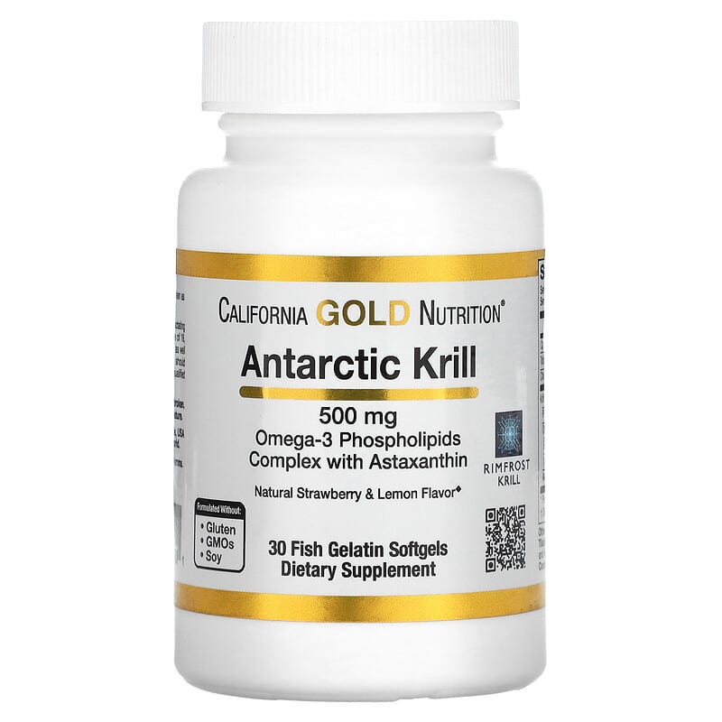 California Gold Nutrition Antarctic Krill Oil Omega-3 Phospholipids Complex with Astaxanthin Natural Strawberry and Lemon Flavor 500 mg 30 Softgels 898220011001