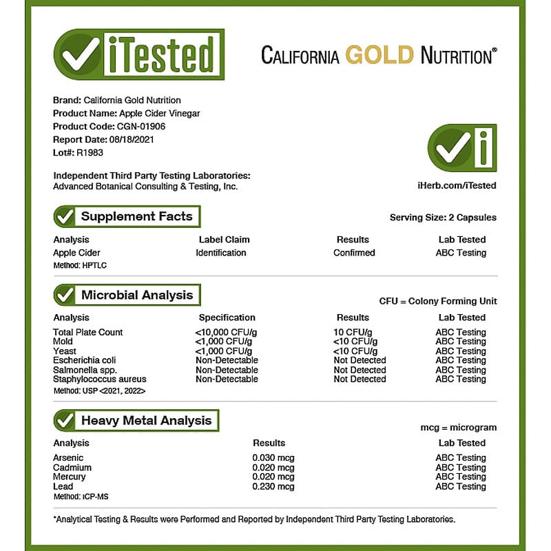 California Gold Nutrition, Apple Cider Vinegar, 180 Veggie Capsules 898220019069