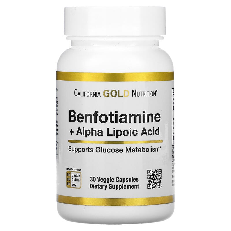 California Gold Nutrition Benfotiamine + Alpha Lipoic Acid 30 Veggie Capsules 898220020201