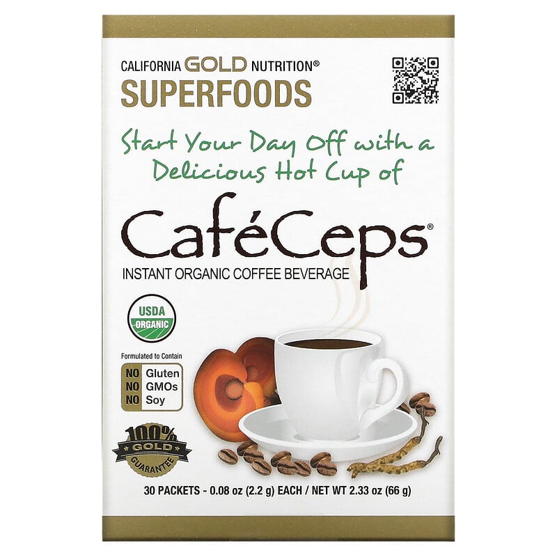California Gold Nutrition CafeCeps Certified Organic Instant Coffee with Cordyceps and Reishi Mushroom Powder 30 Packets 0.08 oz (2.2 g) Each 898220012404