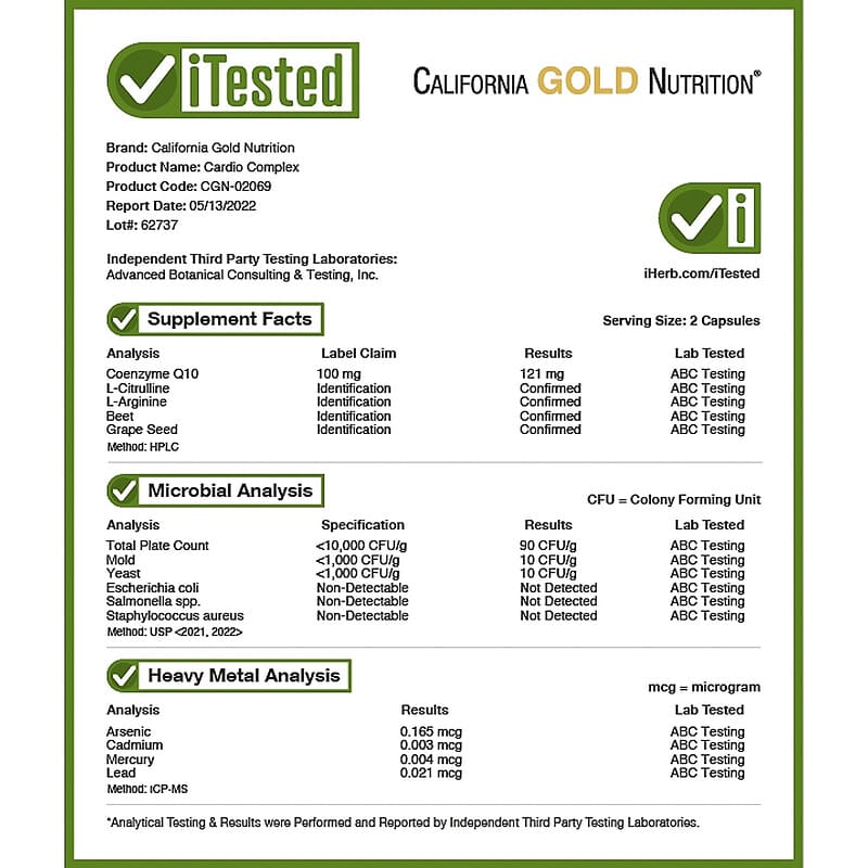 California Gold Nutrition, Cardio Complex, 180 Veggie Capsules 898220020690