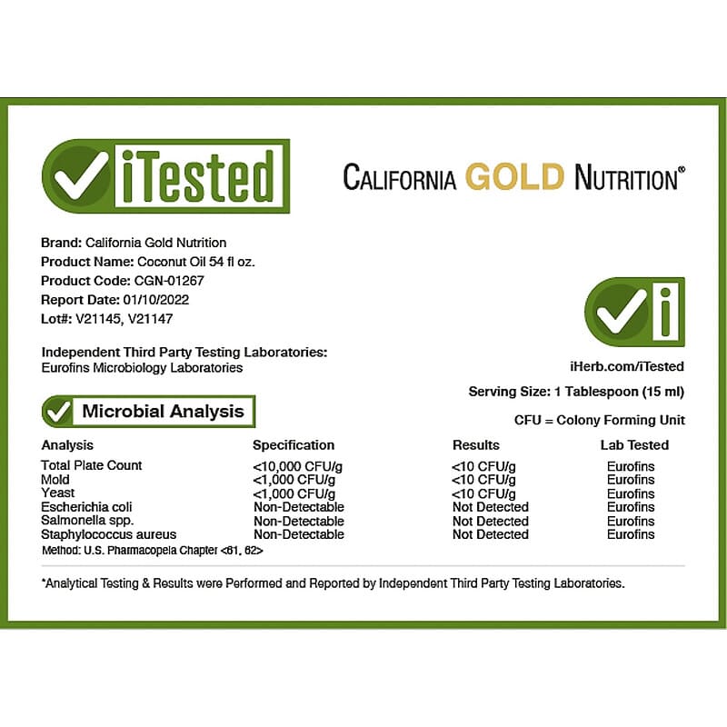 California Gold Nutrition, Cold Pressed Organic Virgin Coconut Oil, 54 fl oz (1.6 L) 898220012671