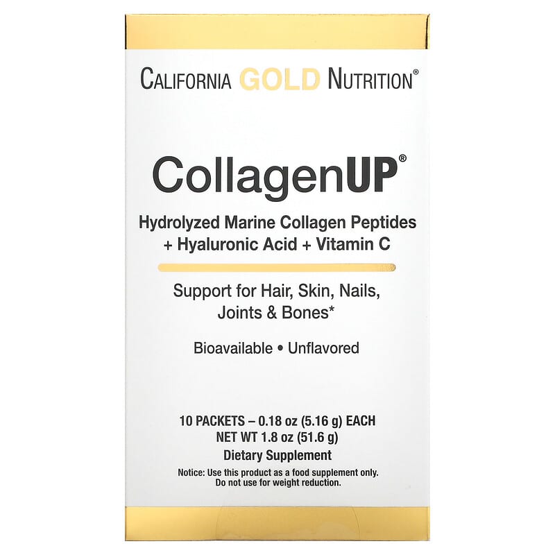 California Gold Nutrition CollagenUP Hydrolyzed Marine Collagen Peptides with Hyaluronic Acid and Vitamin C Unflavored 10 Packets 0.18 oz (5.16 g) Each 898220013449
