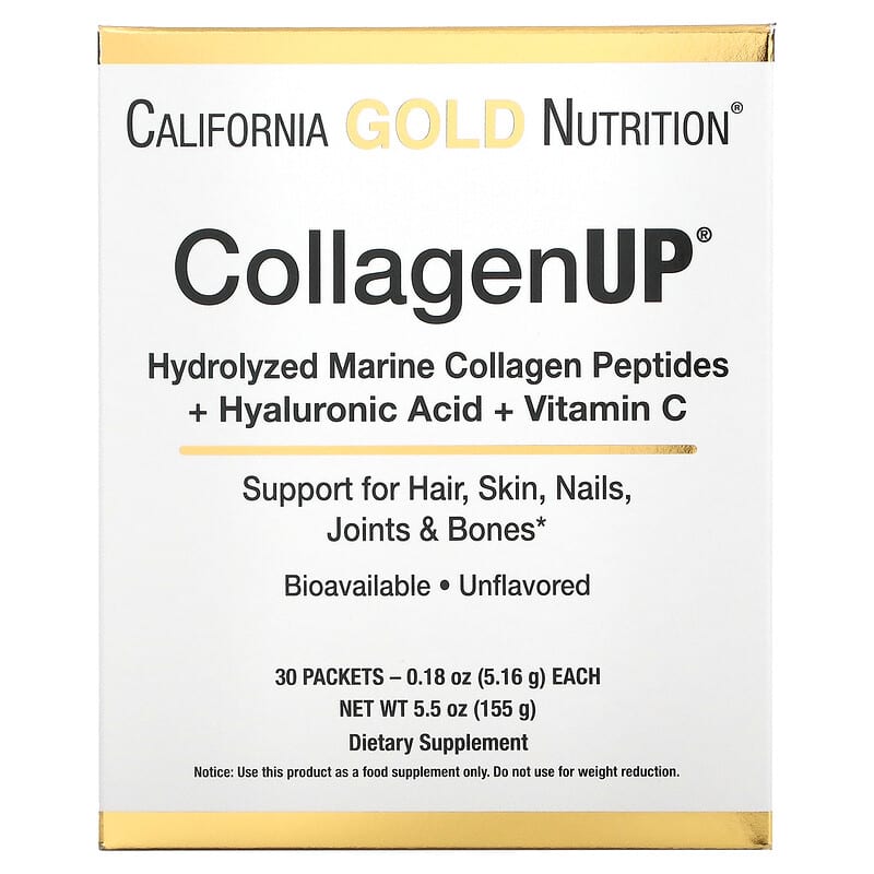 California Gold Nutrition CollagenUP Hydrolyzed Marine Collagen Peptides with Hyaluronic Acid and Vitamin C Unflavored 30 Packets 0.18 oz (5.16 g) Each 898220013111