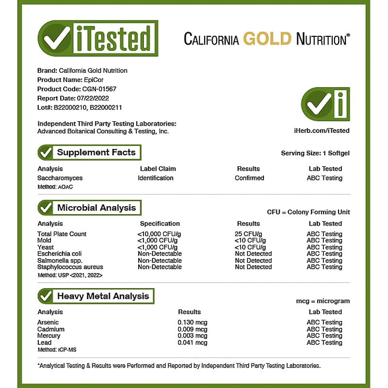 California Gold Nutrition, EpiCor, Dried Yeast Fermentate, 500 mg, 30 Veggie Capsules 898220015672