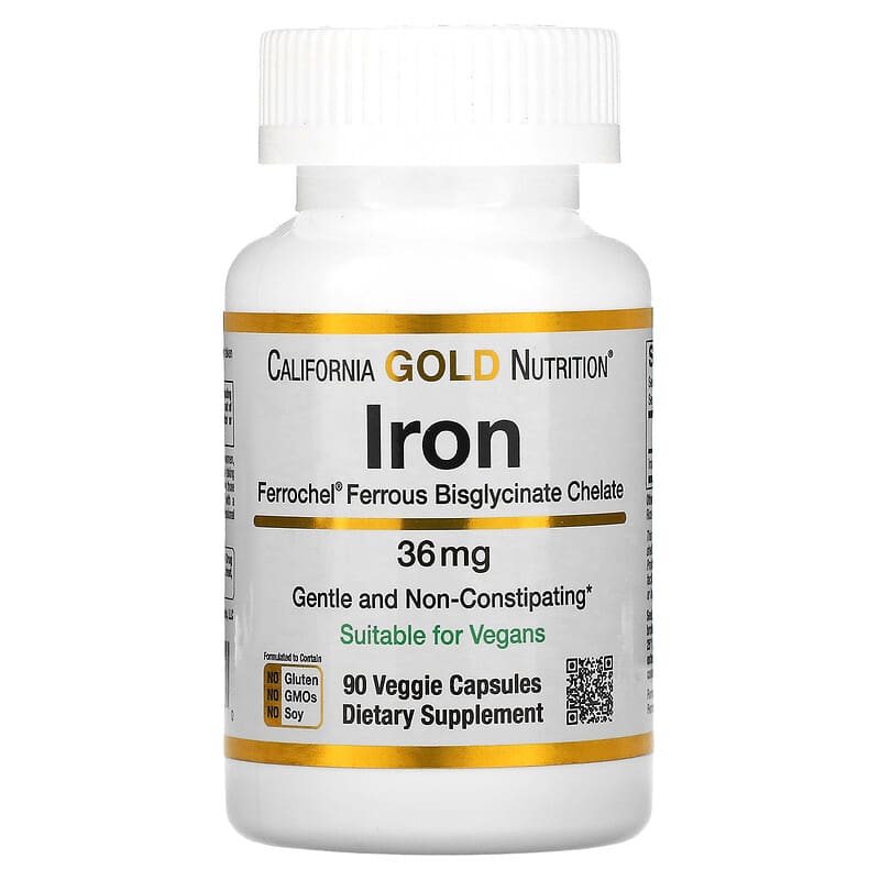 California Gold Nutrition Ferrochel Iron (Bisglycinate) 36 mg 90 Veggie Capsules 898220013470