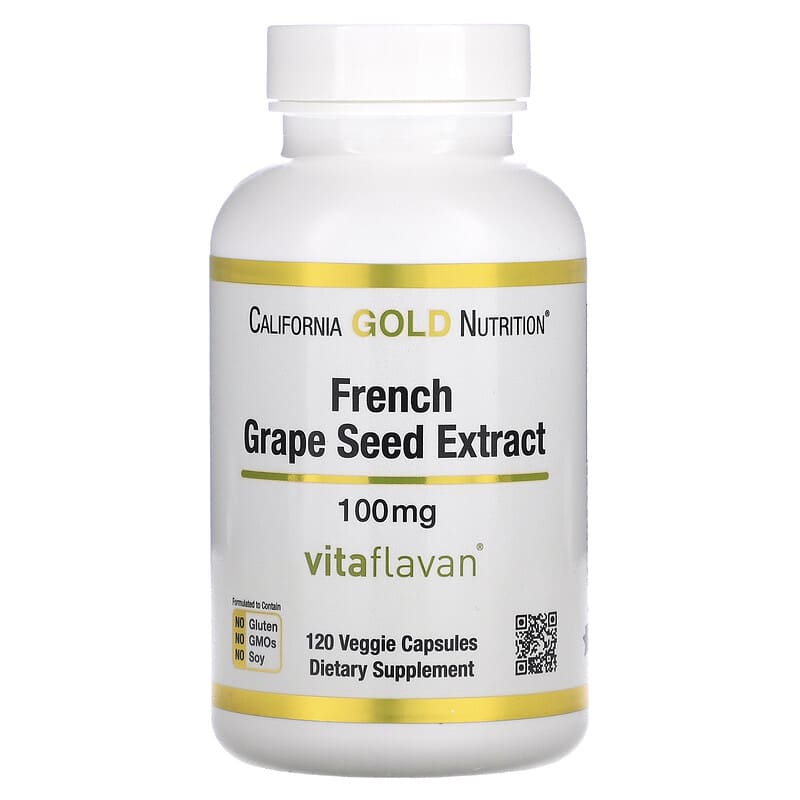 California Gold Nutrition French Grape Seed Extract Vitaflavan Antioxidant Polyphenol 100 mg 120 Veggie Capsules 898220011940